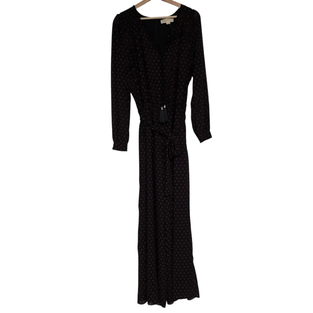 Michael Michael Kors Jumpsuit XL Black Red Polka Dot Long Sleeve Belted Crepe